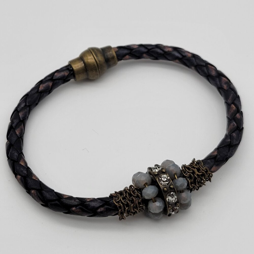 Braided Leather Bracelet Rhinestones Beads Chain Decor with Magnetic Clasp